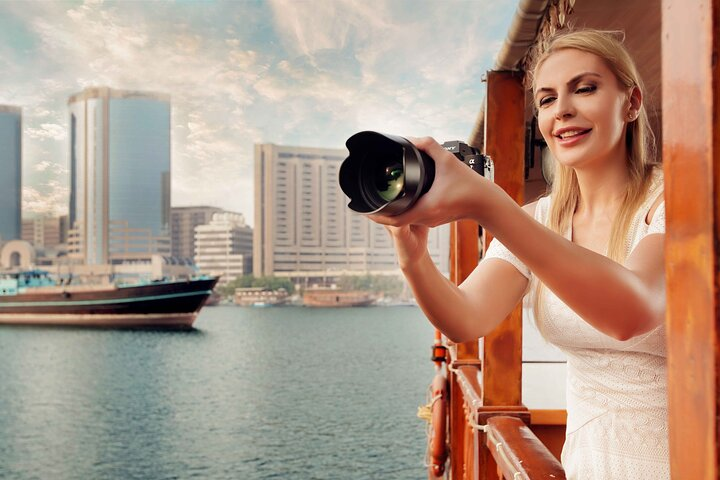 Sail through time on Dubai Creek blending the charm of Old Dubai with stunning skyscrapers. Capture unforgettable moments aboard a traditional Dhow celebrating the city's rich heritage and modernity.